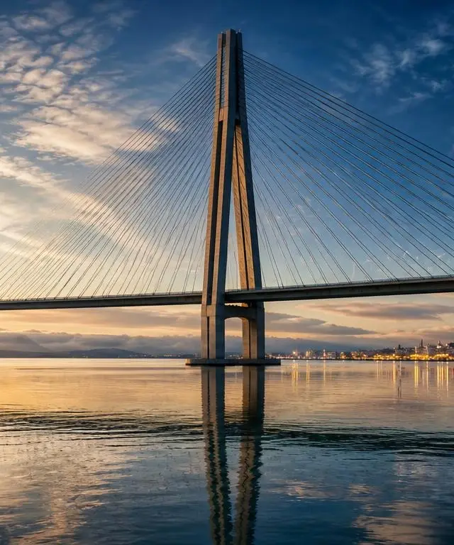 Center panel of converging bridge cables and structural steel, symbolising values and integrity