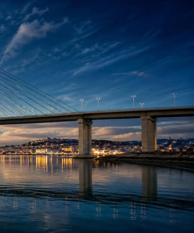 Right panel of the bridge deck connecting to the shore and city lights, symbolising mission